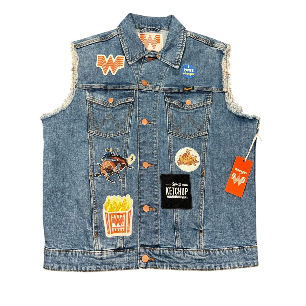 Wrangler x Whataburger Men Blue Denim Cut Off Vest Patches Size Medium NEW